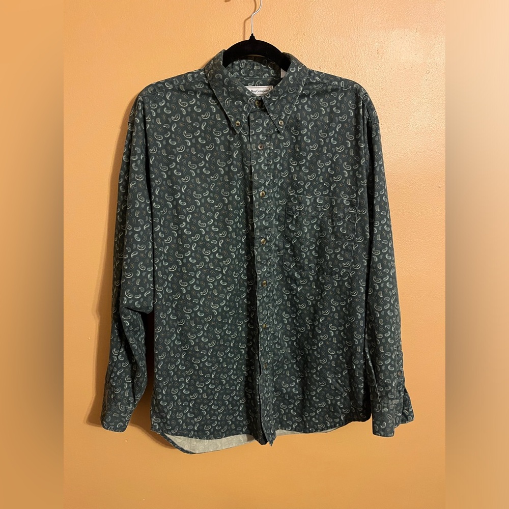 Vintage Men’s Bugle Boy Cotton Button Down Shirt Green Paisley Long Sleeve
